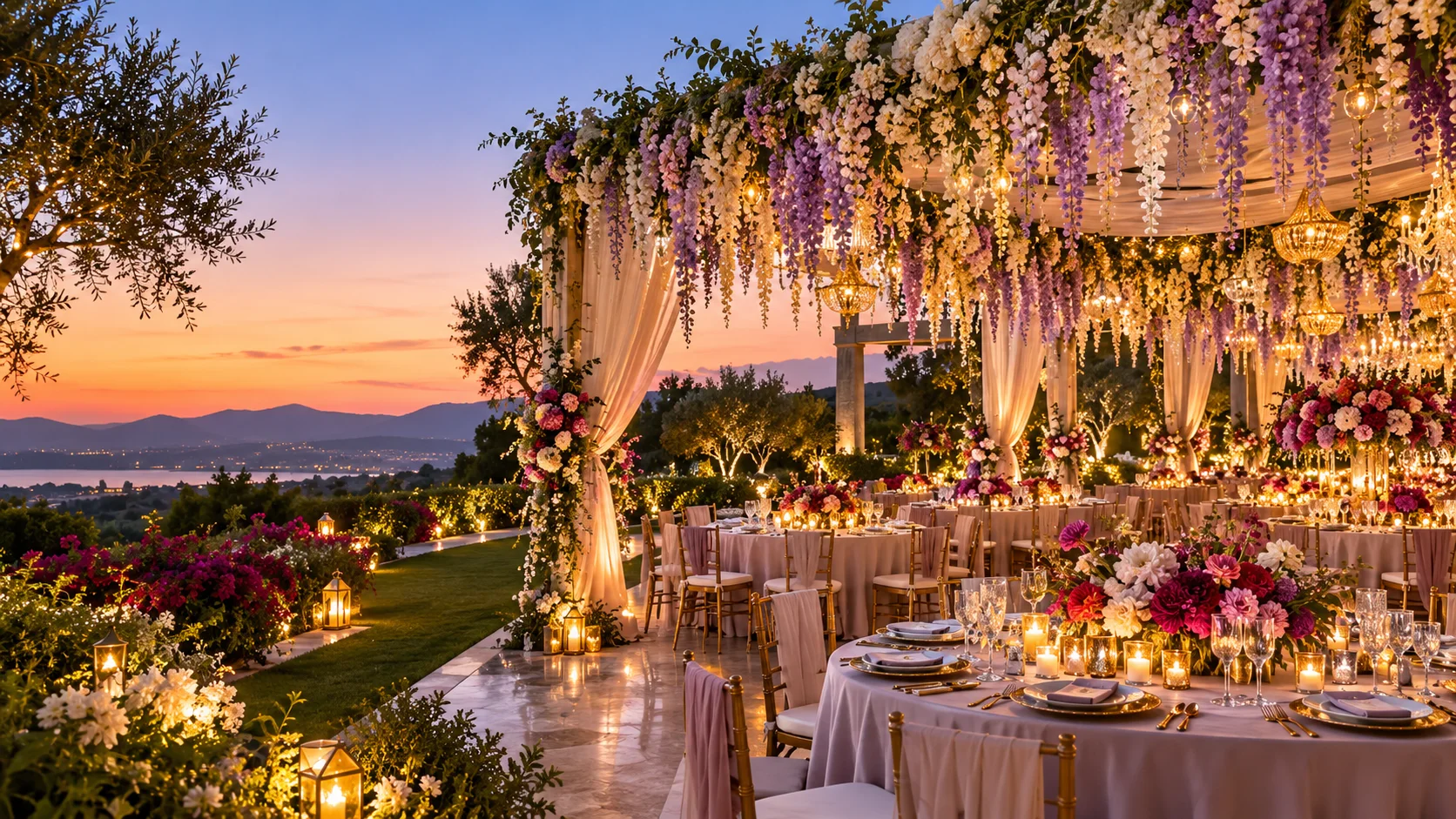 A sunset garden reception beneath a canopy of ivory and lavender flowers